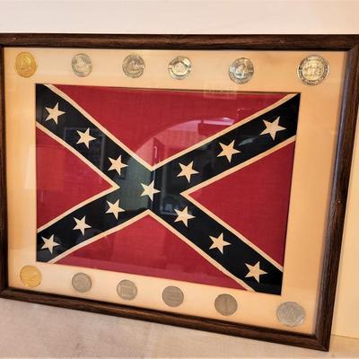 Lot #115  Cloth Confederate Battle Flag framed with Commemorative Doubloons