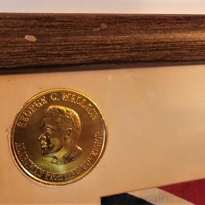 Lot #115  Cloth Confederate Battle Flag framed with Commemorative Doubloons