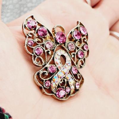 ABSOLUTELY GORGEOUS BREAST CANCER BEDAZZLED RIBBON ANGEL PIN