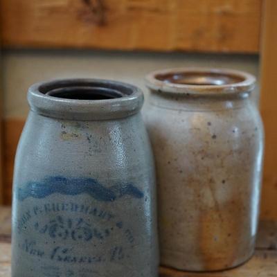 PAIR OF ANTIQUE PRESERVE JARS. ONE STENICLLED ADVERTISING