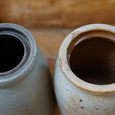PAIR OF ANTIQUE PRESERVE JARS. ONE STENICLLED ADVERTISING