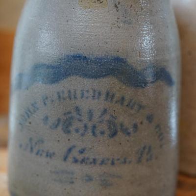 PAIR OF ANTIQUE PRESERVE JARS. ONE STENICLLED ADVERTISING