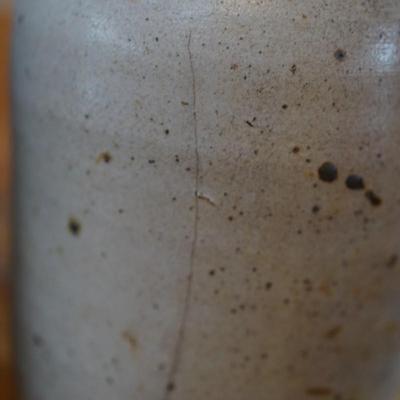 PAIR OF ANTIQUE PRESERVE JARS. ONE STENICLLED ADVERTISING