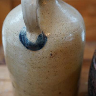 ANTIQUE STONEWARE JUG AND VERY OLD HANGING BOX.