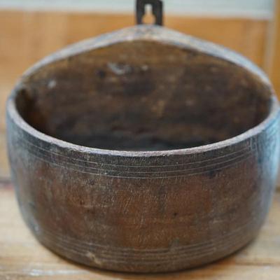 ANTIQUE STONEWARE JUG AND VERY OLD HANGING BOX.