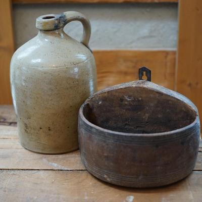 ANTIQUE STONEWARE JUG AND VERY OLD HANGING BOX.