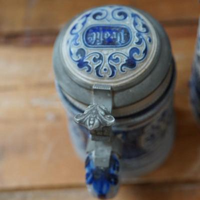 VINTAGE GERMAN SALT GLAZE STEINS WITH PEWTER LIDS