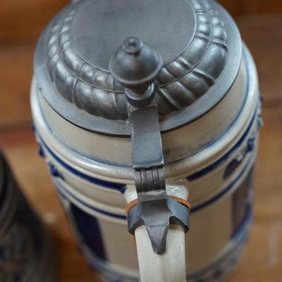 VINTAGE GERMAN SALT GLAZE STEINS WITH PEWTER LIDS