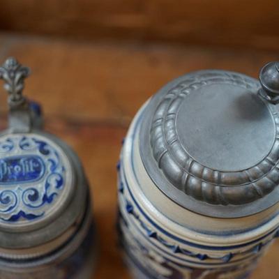 VINTAGE GERMAN SALT GLAZE STEINS WITH PEWTER LIDS