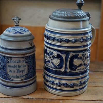 VINTAGE GERMAN SALT GLAZE STEINS WITH PEWTER LIDS