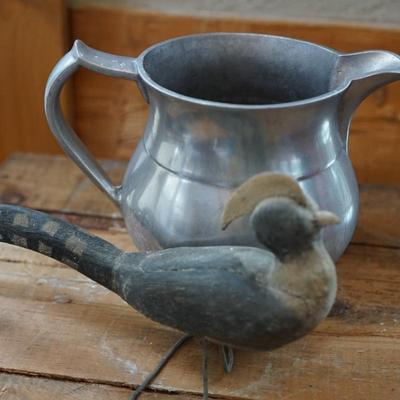 VINTAGE PEWTER PITCHER OF 1 GALLON / EXCELLENT ANTIQUE FOLK ART PAINTED WOODEN BIRD