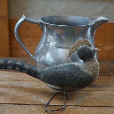 VINTAGE PEWTER PITCHER OF 1 GALLON / EXCELLENT ANTIQUE FOLK ART PAINTED WOODEN BIRD