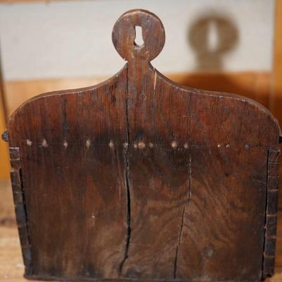 ANTIQUE HANGING DOCUMENT BOX W/ LEATHER AND TACK HINGE