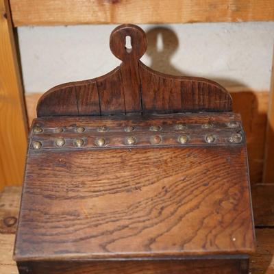 ANTIQUE HANGING DOCUMENT BOX W/ LEATHER AND TACK HINGE
