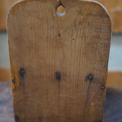 PRIMITIVE GROUPING A HAND CRAFTED STOOL AND HAND MADE SALT BOX OF ORANGE PAINT