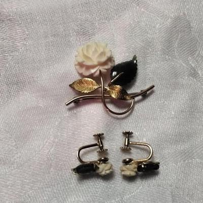 Vintage Krementz 14K GF Jade Brooch and Screwback Earrings