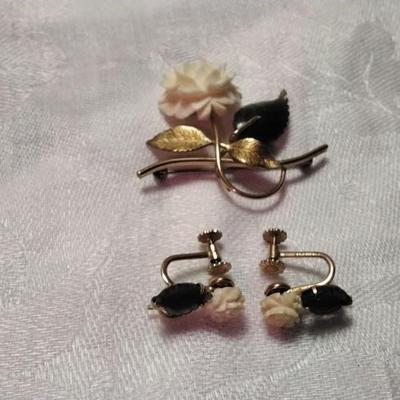 Vintage Krementz 14K GF Jade Brooch and Screwback Earrings