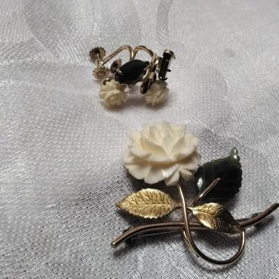 Vintage Krementz 14K GF Jade Brooch and Screwback Earrings