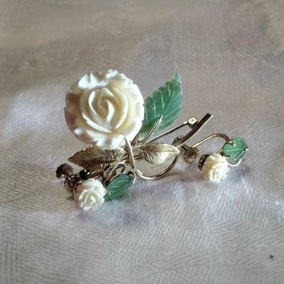 Vintage Krementz 14K GF Jade Brooch and Screwback Earrings