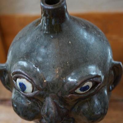 SOUTHERN FOLK ART POTTERY "UGLY" FACE JUG BY GRACE NEL HEUER DATED 1999