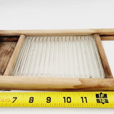 VINTAGE "CRYSTAL" GLASS & WOOD WASH BOARD