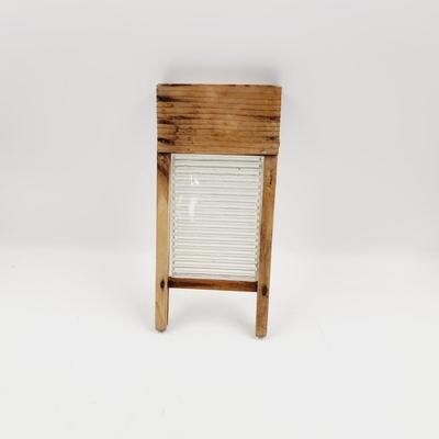 VINTAGE "CRYSTAL" GLASS & WOOD WASH BOARD
