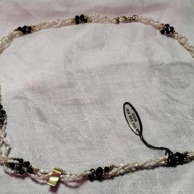 Vintage Mona So Torsade Triple Strand Freshwater Keshi Pearls and Onyx Bead 27" Necklace