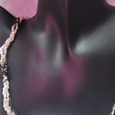 Vintage Mona So Torsade Triple Strand Freshwater Keshi Pearls and Onyx Bead 27" Necklace
