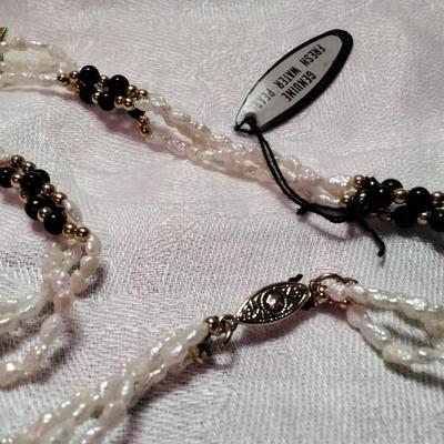 Vintage Mona So Torsade Triple Strand Freshwater Keshi Pearls and Onyx Bead 27" Necklace