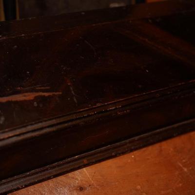 1860'S REVERSE PAINTED MIRROR W/ SCHOONER & GRAIN PAINTED DOCUMENT BOX.