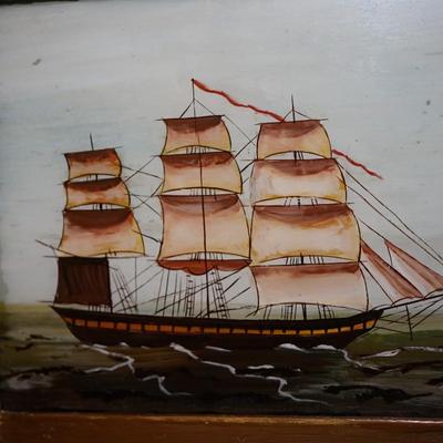 1860'S REVERSE PAINTED MIRROR W/ SCHOONER & GRAIN PAINTED DOCUMENT BOX.