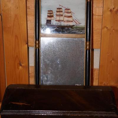 1860'S REVERSE PAINTED MIRROR W/ SCHOONER & GRAIN PAINTED DOCUMENT BOX.
