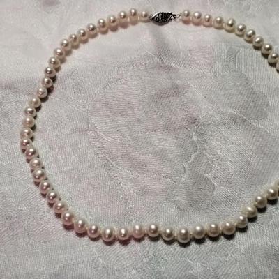 Very Nice Sheen White 7mm 16" Necklace With 16" Necklace 14 GF Clasp