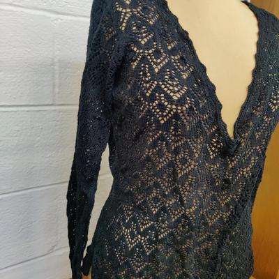 TALBOTS BLACK LONG SLEEVE CROCHET PULLOVER LOOSE-KNIT TOP