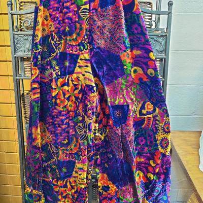 FABULOUS VINTAGE PATCHWORK PRINT CRUSHED VELVET BELL BOTTOM PANTS WAIST 26"