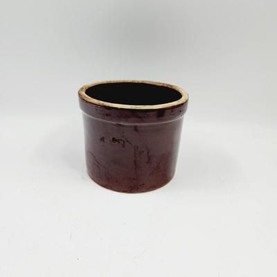 VINTAGE BROWN GLAZE POTTERY CROCK NUMBERED