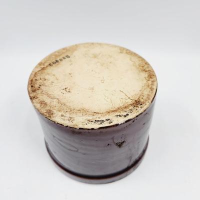 VINTAGE BROWN GLAZE POTTERY CROCK NUMBERED