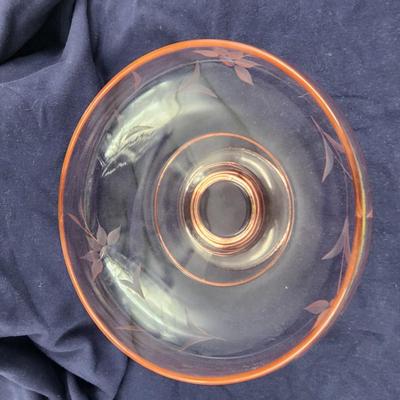 VINTAGE ETCHED PINK PEDESTAL GLASS BOWL