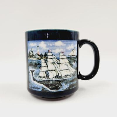 EMILY HOLLINGER BLUE WHALE SHIP BLUE COFFEE / TEA MUG