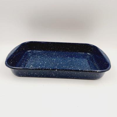 VINTAGE RECTANGULAR GRANITEWARE ENAMEL BLUE SPECKLED CASSEROLE DISH