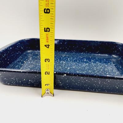 VINTAGE RECTANGULAR GRANITEWARE ENAMEL BLUE SPECKLED CASSEROLE DISH