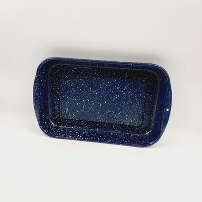 VINTAGE RECTANGULAR GRANITEWARE ENAMEL BLUE SPECKLED CASSEROLE DISH