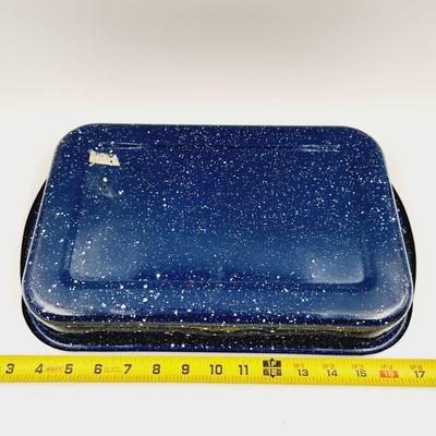 VINTAGE RECTANGULAR GRANITEWARE ENAMEL BLUE SPECKLED CASSEROLE DISH