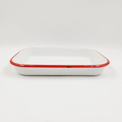 VINTAGE WHITE ENAMELWARE W/ RED ACCENTS RECTANGULAR TRAY
