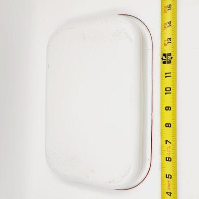 VINTAGE WHITE ENAMELWARE W/ RED ACCENTS RECTANGULAR TRAY