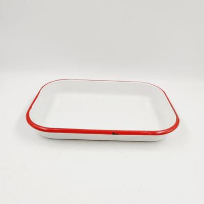 VINTAGE WHITE ENAMELWARE W/ RED ACCENTS RECTANGULAR TRAY