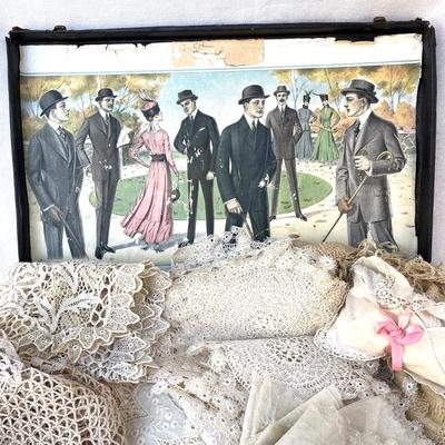 LOT 111 Antique Suitcase Of Lace & Lace Trimmed Runner Dollies Fashion Plate in Lid
