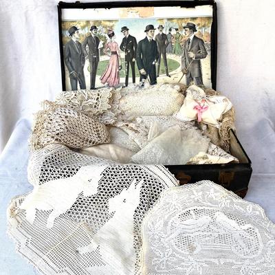 LOT 111 Antique Suitcase Of Lace & Lace Trimmed Runner Dollies Fashion Plate in Lid