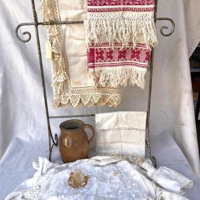 LOT 112 Antique Linens & Towels Turkey Red Lace Table Cloth 8" Pottery Jug
