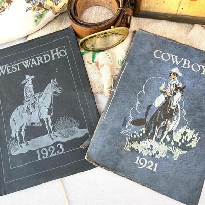 LOT 116 Vintage Cowboy Group Partial Bedspread Denver Yearbooks Belt Buckle